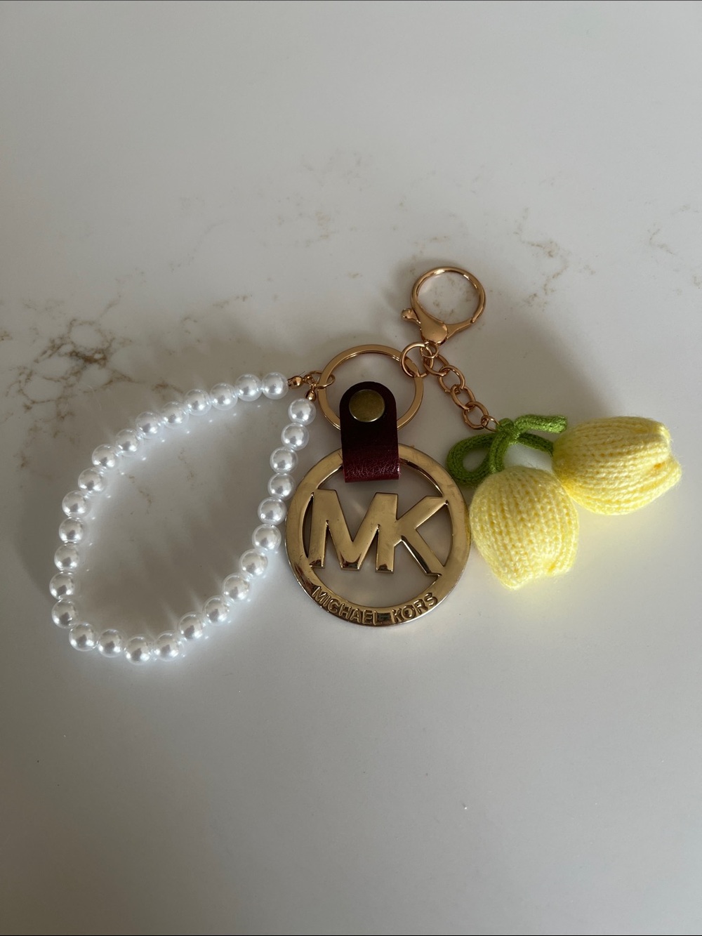 Michael Kors Gold MK Logo with added Pearl & Lemon Charm Keychain Wristlet